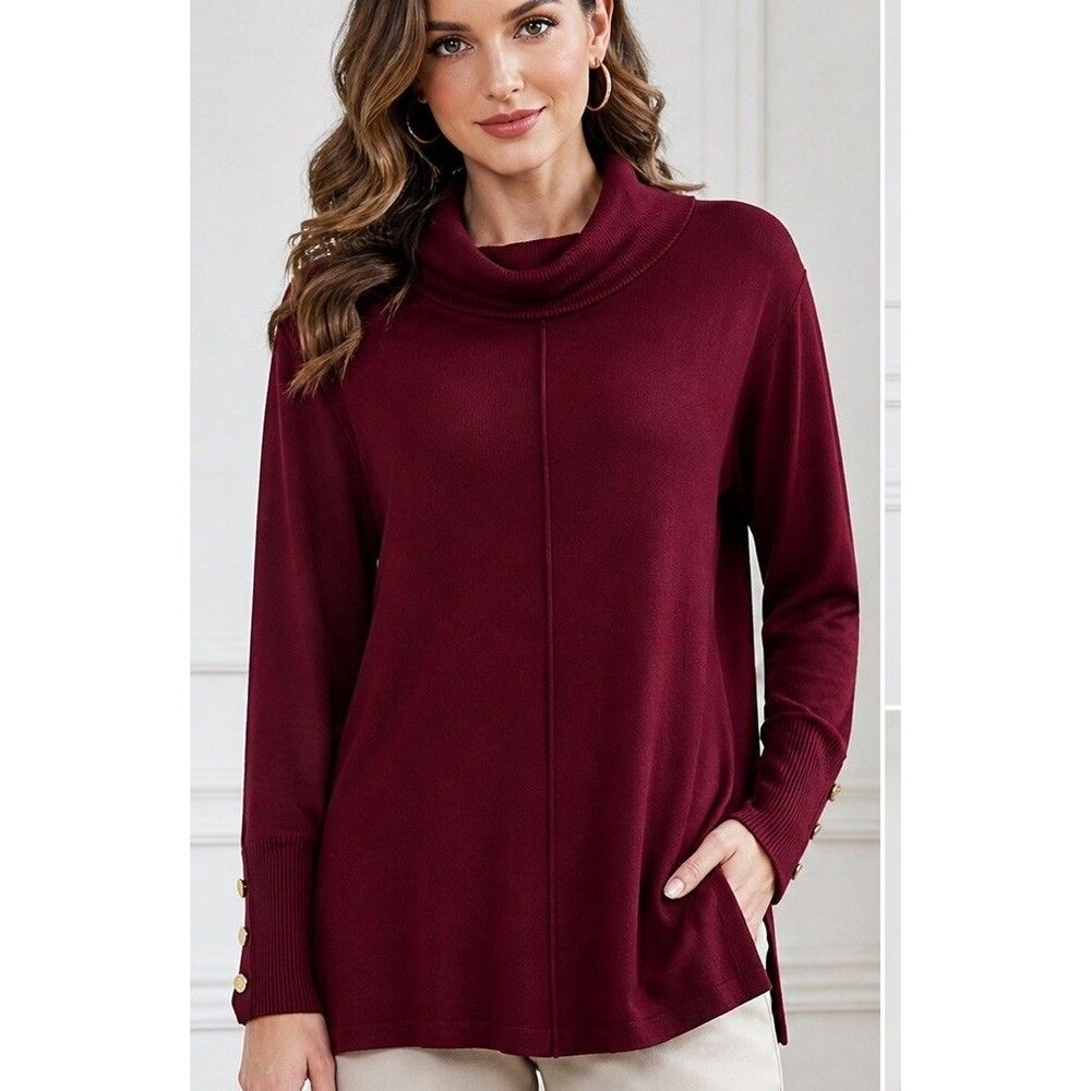 Anne Klein Sweater Women M Burgundy Cowl Neck Gold Button Sleeve Soft Knit